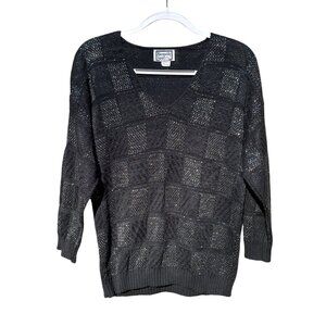 Vintage Black V-Neck Sweater Metallic Checkered Pattern
